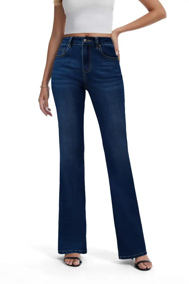 Dark-blue high-rise slim-fit flare jeans shown from the front with a white top.