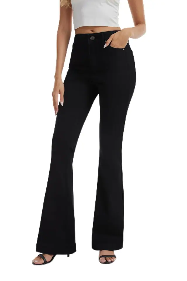 Black curvy bootcut jeans with a wide flared hem, shown from the front.