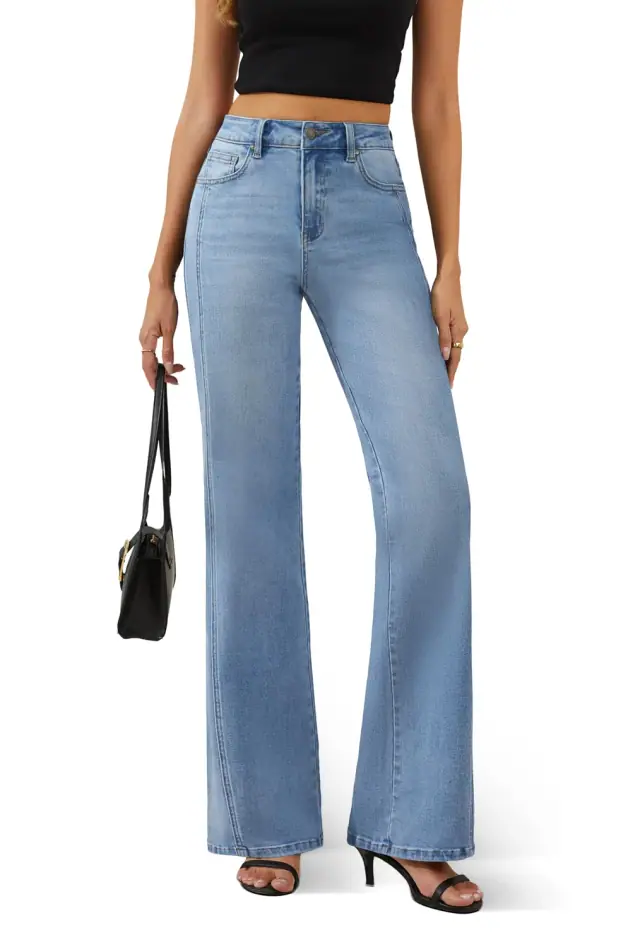 Light-blue high-waisted wide-leg jeans with a front-seam detail and a black top.